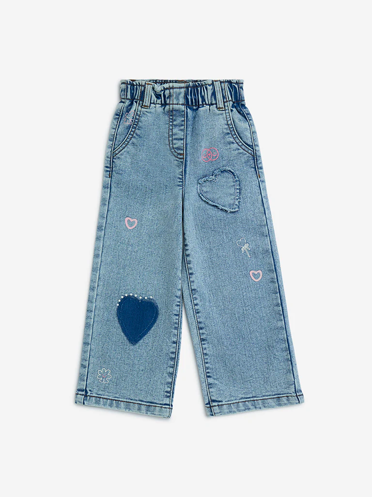 HOP Kids Girls Light Blue Faded Wide-Leg Mid-Rise Jeans - Image 3