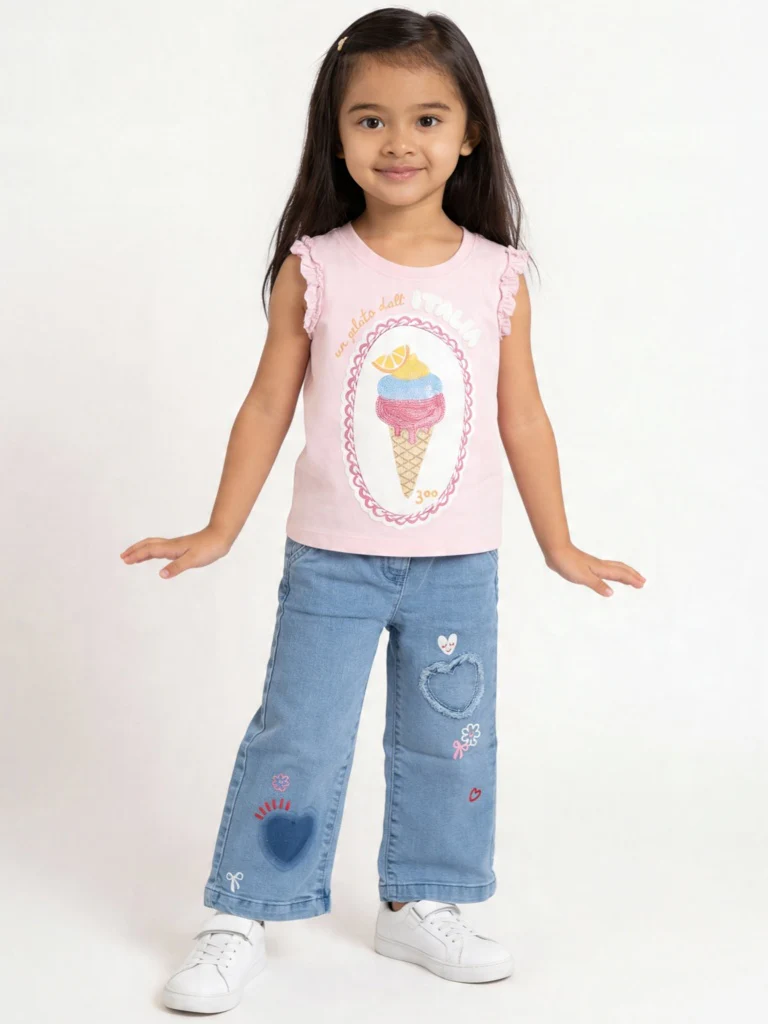 HOP Kids Girls Light Blue Floral Design Wide Leg Jeans