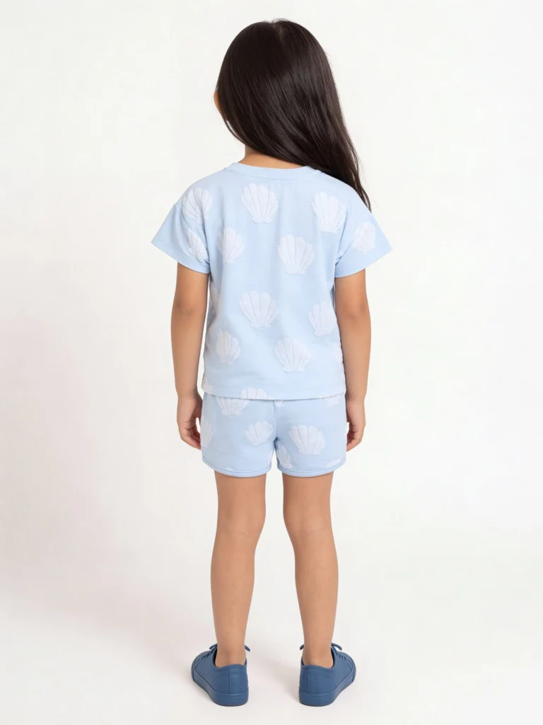 HOP Kids Girls Light Blue Seashell Printed Cotton-Blend T-Shirt and Shorts Set - Image 2