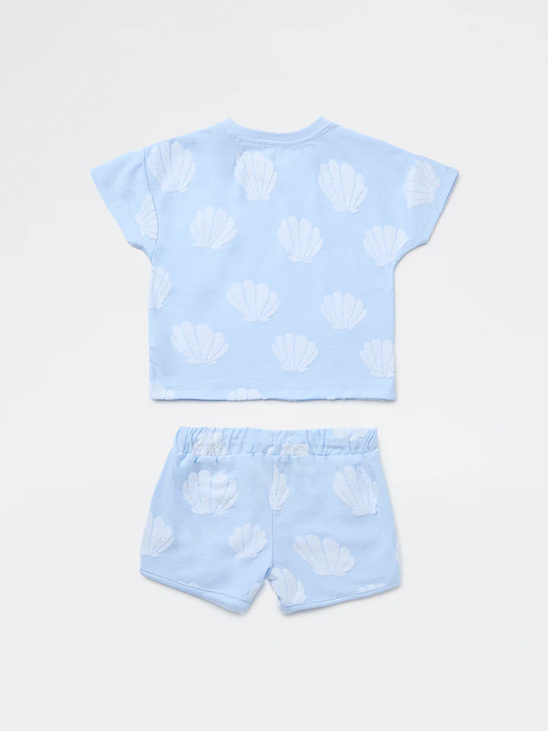 HOP Kids Girls Light Blue Seashell Printed Cotton-Blend T-Shirt and Shorts Set - Image 4