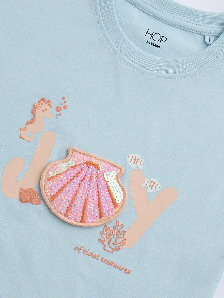 HOP Kids Girls Light Blue Sequin Detailed Cotton T-Shirt - Image 5