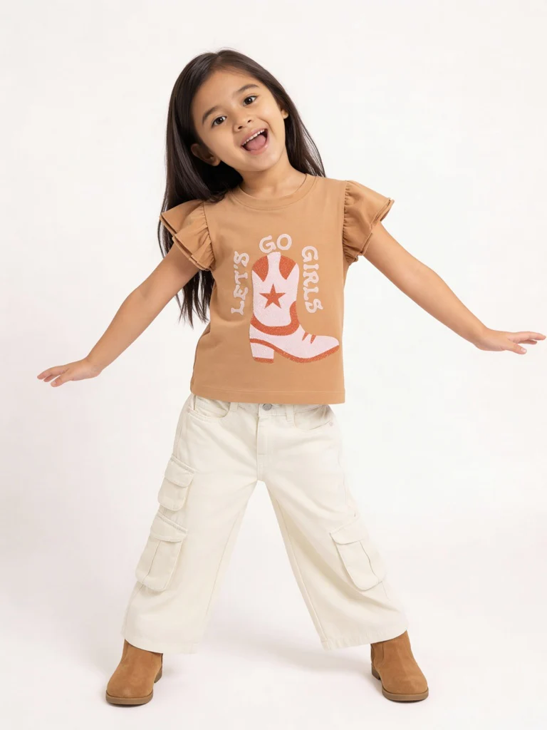HOP Kids Girls Light Brown Embellished Cotton T-Shirt