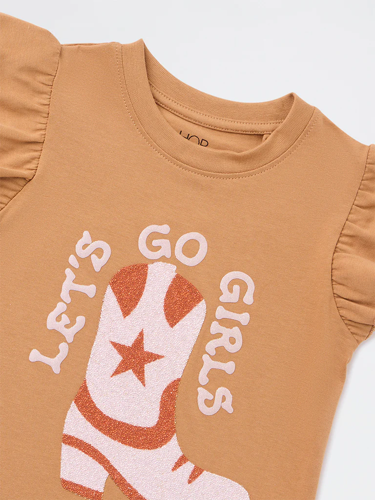 HOP Kids Girls Light Brown Embellished Cotton T-Shirt - Image 6