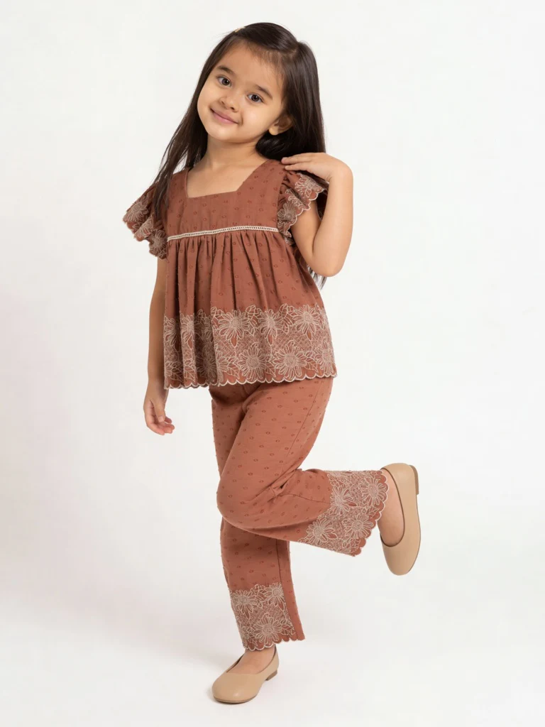 HOP Kids Girls Light Brown Floral Embroidered High-Rise Cotton Pants