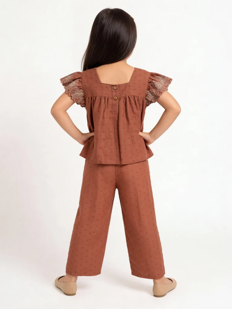 HOP Kids Girls Light Brown Floral Embroidered High-Rise Cotton Pants - Image 2