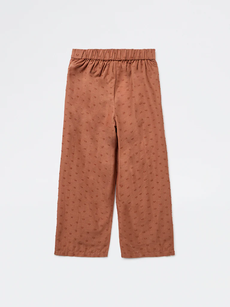 HOP Kids Girls Light Brown Floral Embroidered High-Rise Cotton Pants - Image 4