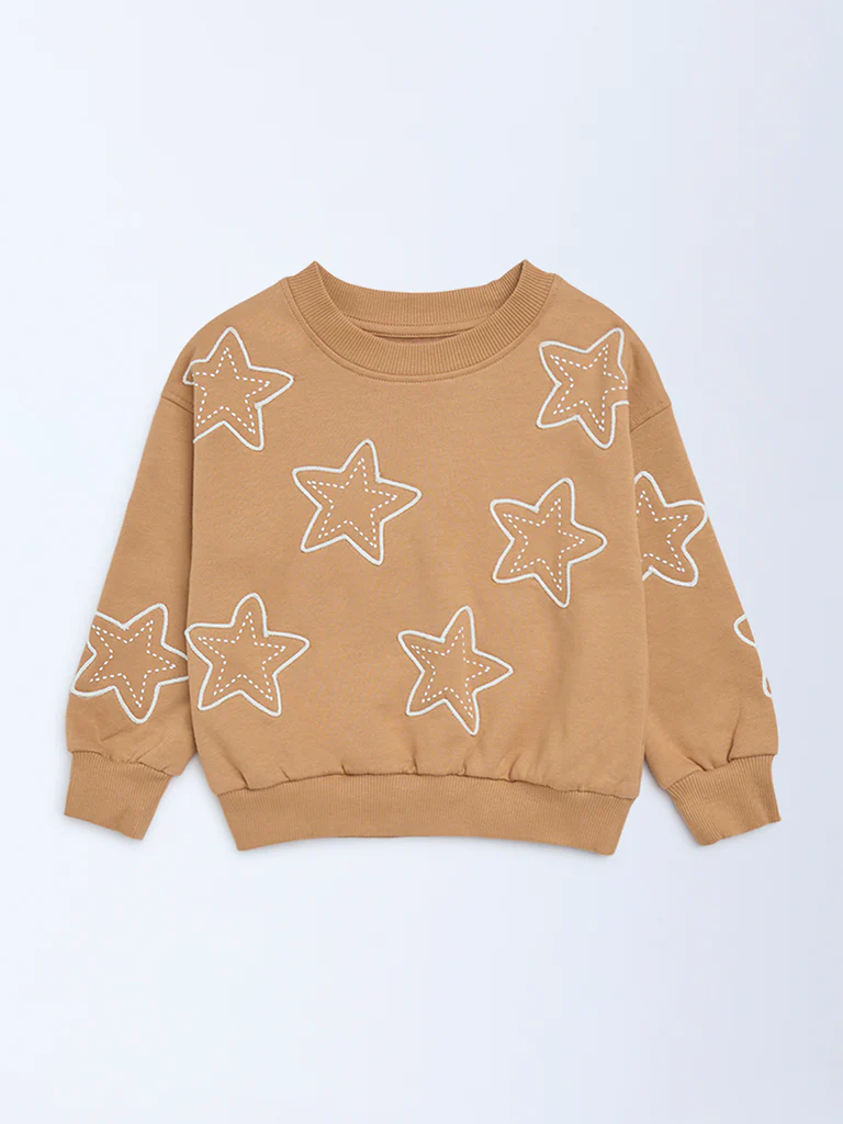 HOP Kids Girls Light Brown Star Design Cotton-Blend Sweatshirt - Image 3
