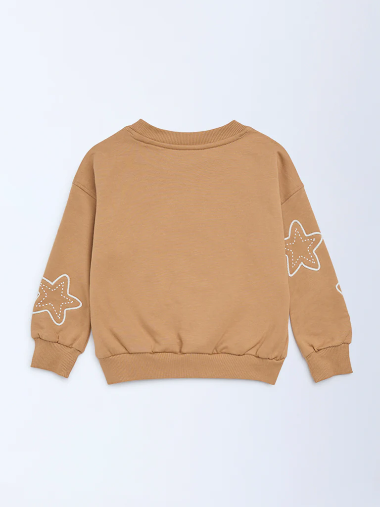 HOP Kids Girls Light Brown Star Design Cotton-Blend Sweatshirt - Image 4