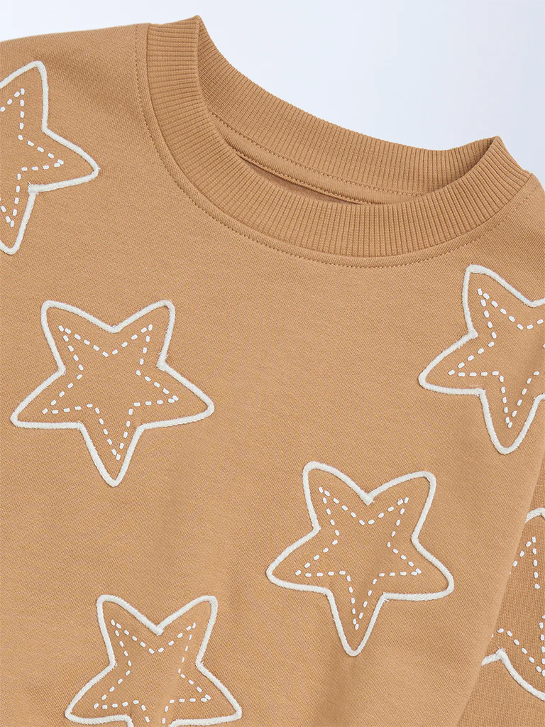 HOP Kids Girls Light Brown Star Design Cotton-Blend Sweatshirt - Image 5
