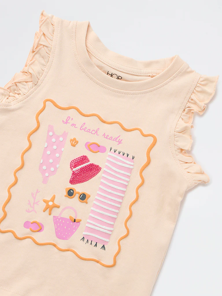 HOP Kids Girls Light Peach Printed Cotton Top - Image 6