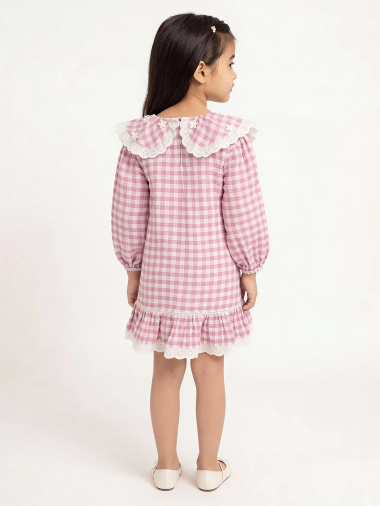 HOP Kids Girls Light Pink Check A-Line Cotton Dress - Image 2