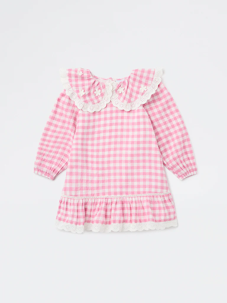 HOP Kids Girls Light Pink Check A-Line Cotton Dress - Image 3