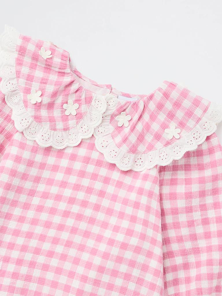 HOP Kids Girls Light Pink Check A-Line Cotton Dress - Image 5