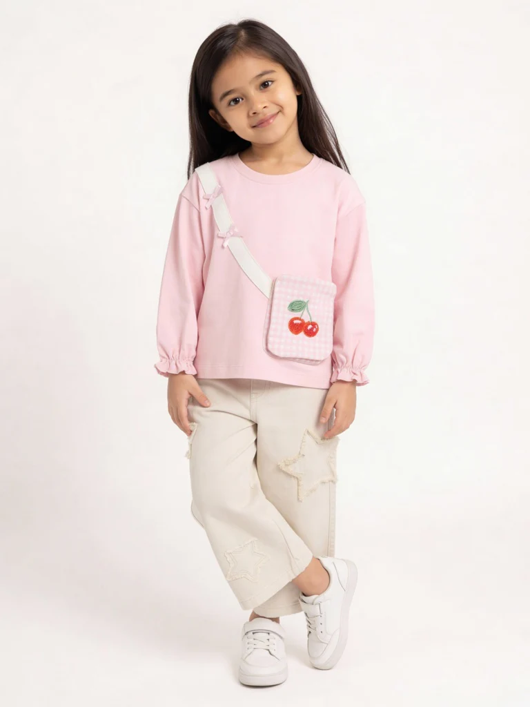 HOP Kids Girls Light Pink Pouch-Detailed Cotton Top