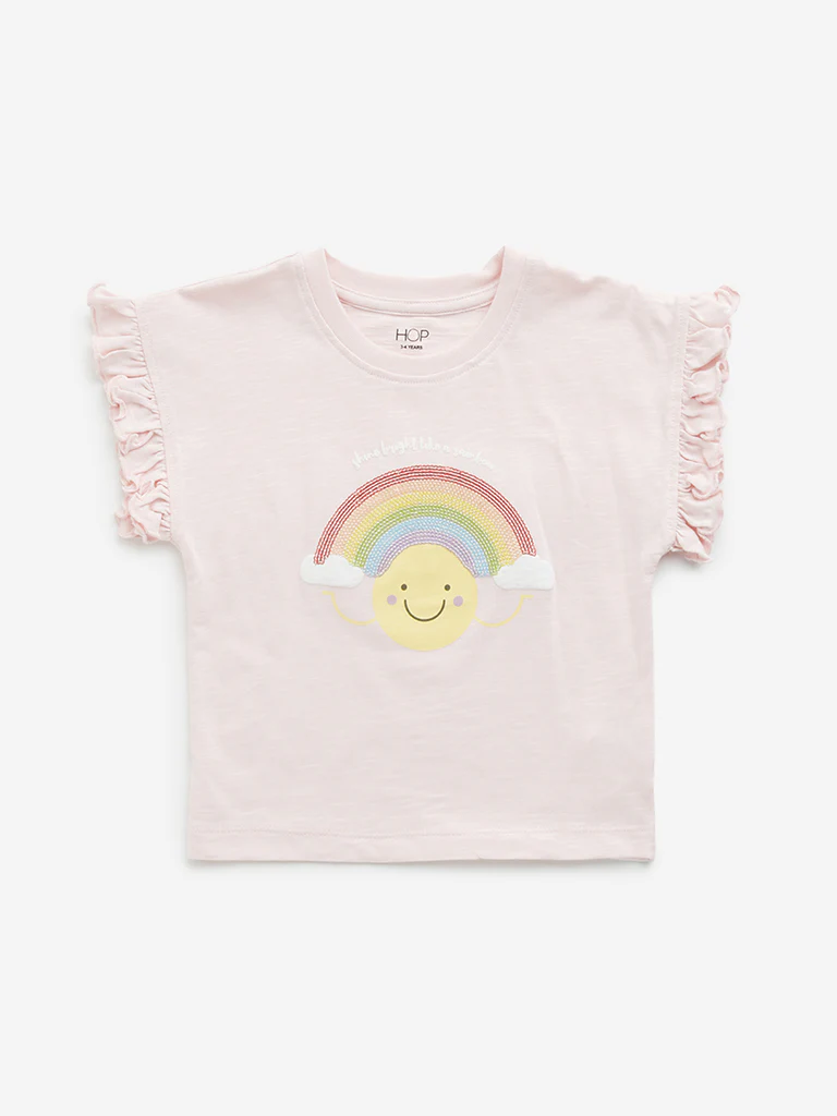 HOP Kids Girls Light Pink Rainbow Embellished Cotton T-Shirt