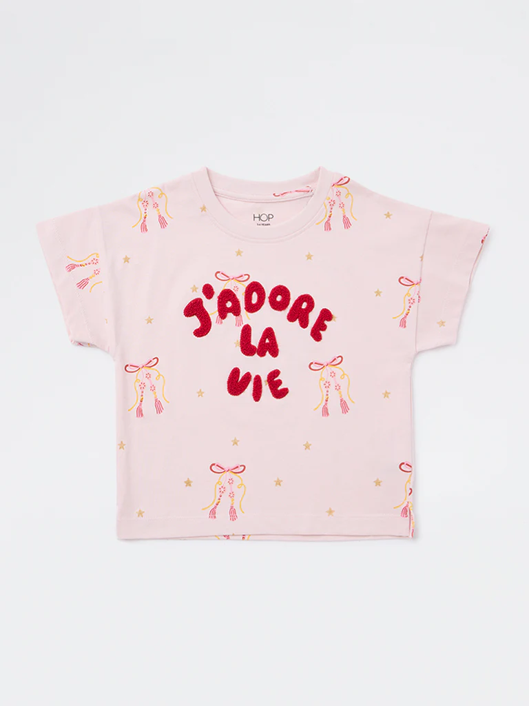 HOP Kids Girls Light Pink Text Embroidered Cotton T-Shirt - Image 4