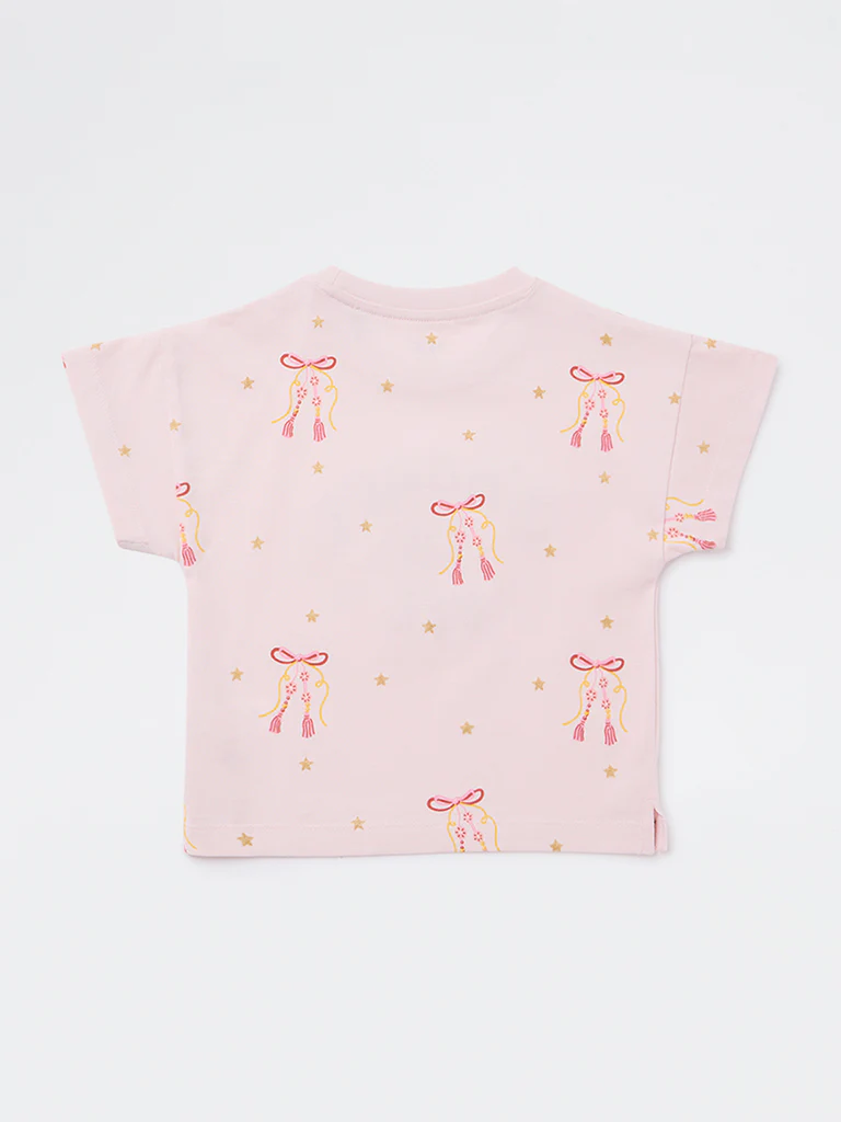 HOP Kids Girls Light Pink Text Embroidered Cotton T-Shirt - Image 5
