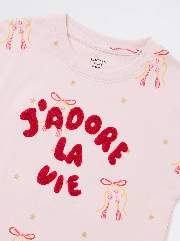 HOP Kids Girls Light Pink Text Embroidered Cotton T-Shirt - Image 6