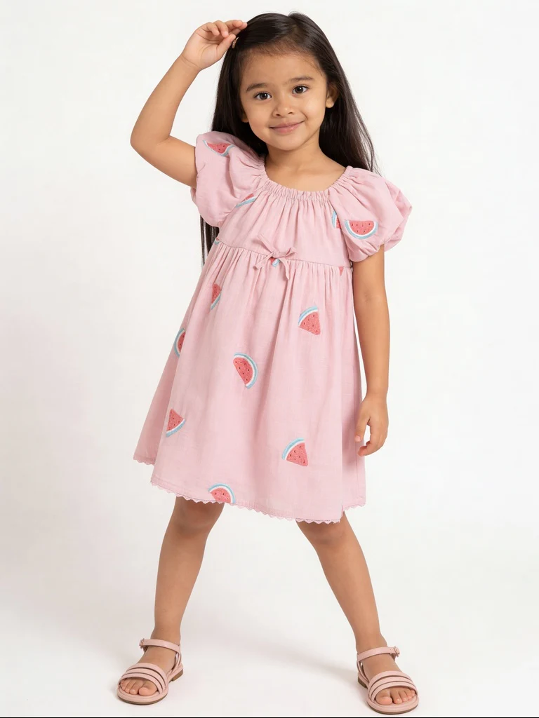 HOP Kids Girls Light Pink Watermelon Embroidered Cotton Dress