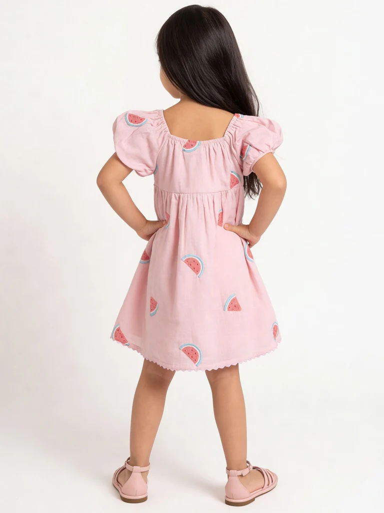 HOP Kids Girls Light Pink Watermelon Embroidered Cotton Dress - Image 2