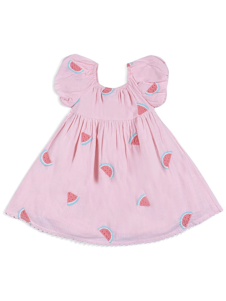 HOP Kids Girls Light Pink Watermelon Embroidered Cotton Dress - Image 3