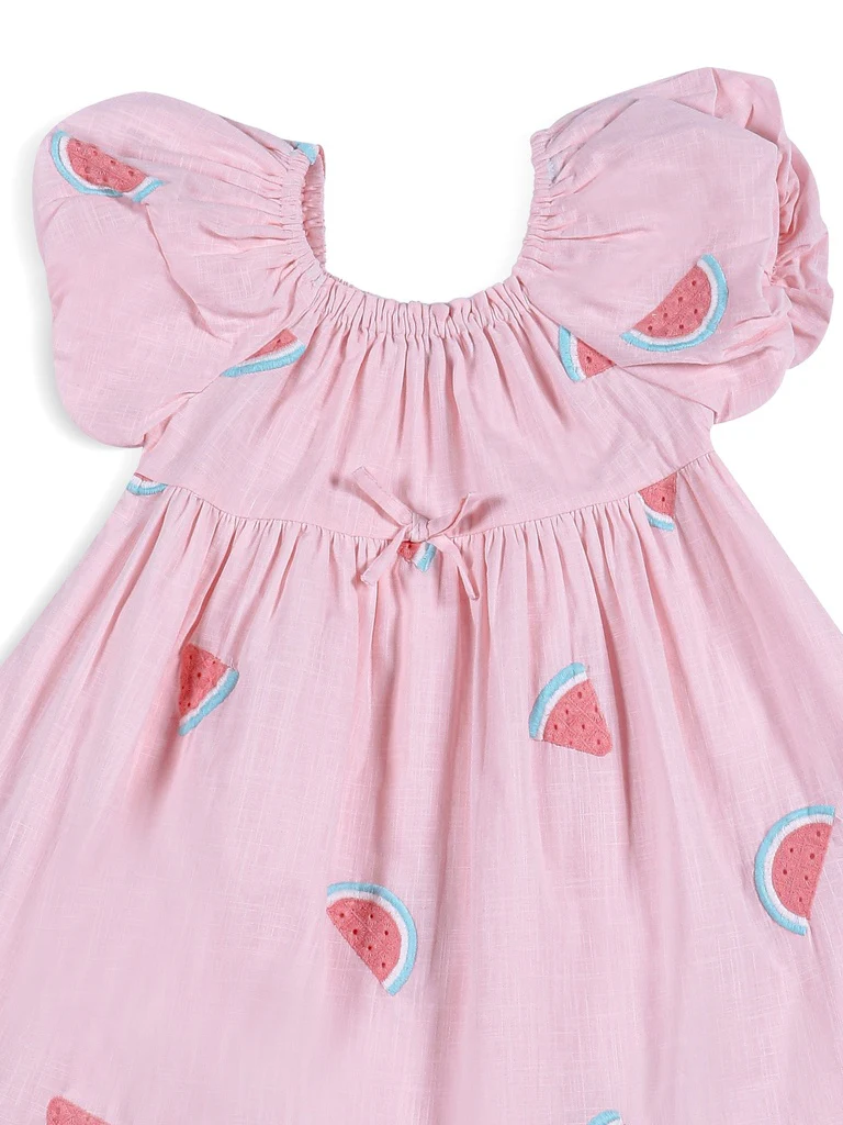 HOP Kids Girls Light Pink Watermelon Embroidered Cotton Dress - Image 5