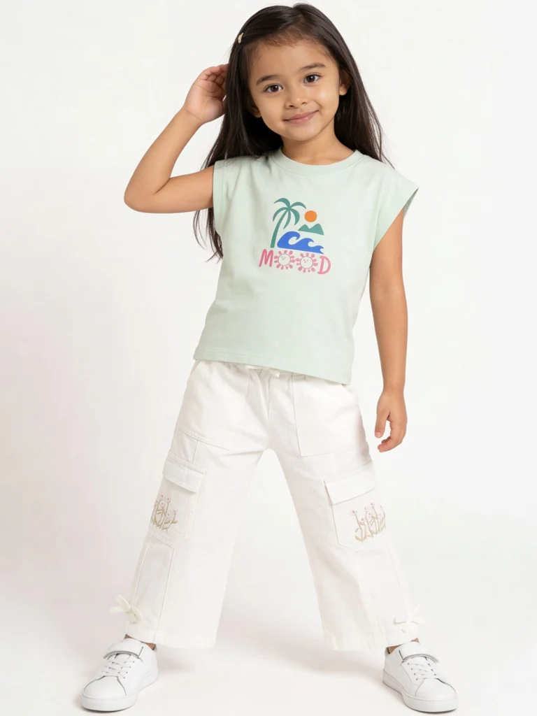 HOP Kids Girls Light Sage Graphic Printed Cotton T-Shirt