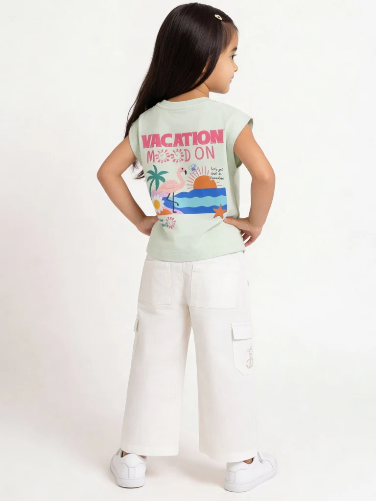 HOP Kids Girls Light Sage Graphic Printed Cotton T-Shirt - Image 3