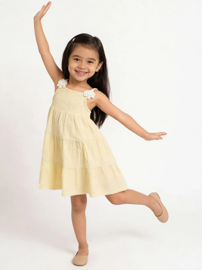 HOP Kids Girls Light Yellow Cotton Tiered Dress