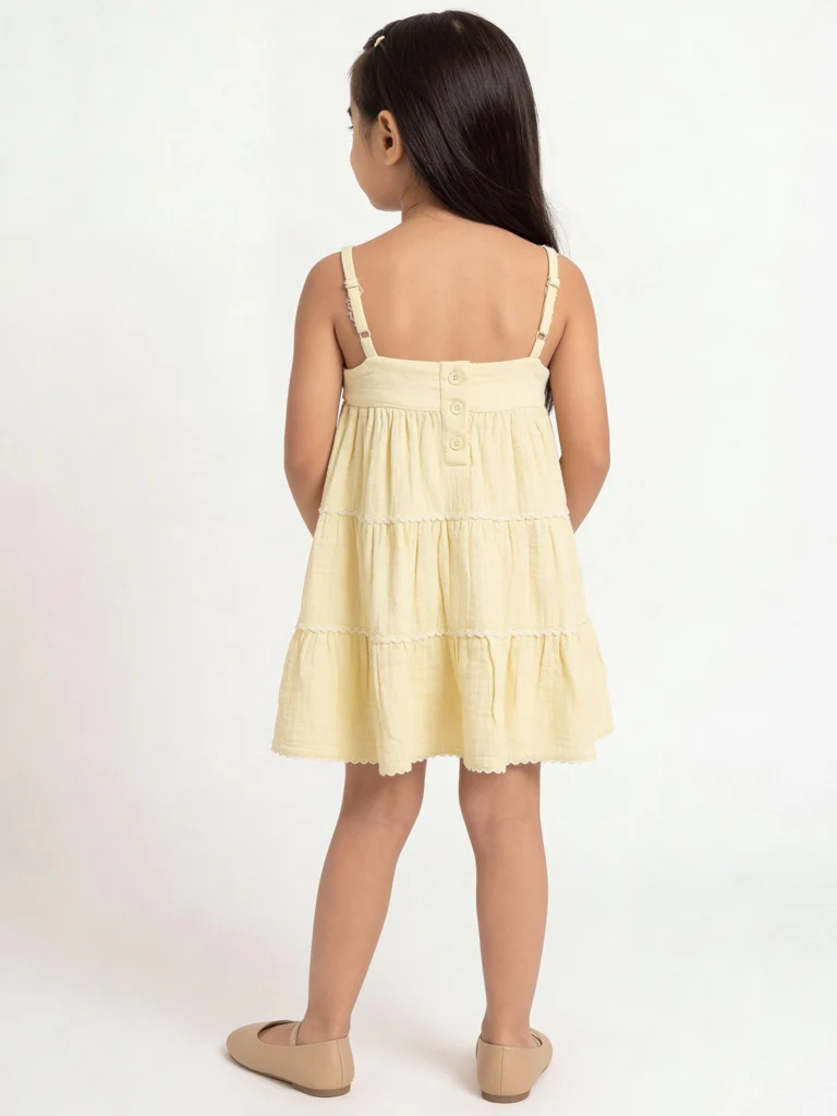 HOP Kids Girls Light Yellow Cotton Tiered Dress - Image 3
