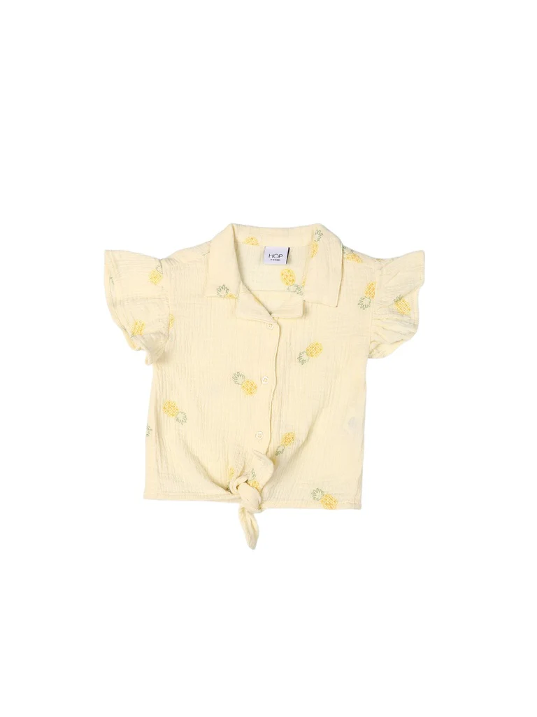 HOP Kids Girls Light Yellow Embroidered Tie-Knot Ruffle Cotton Shirt - Image 3