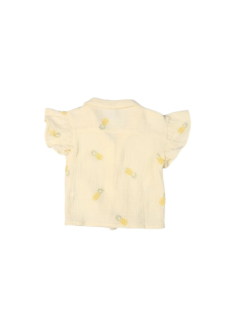 HOP Kids Girls Light Yellow Embroidered Tie-Knot Ruffle Cotton Shirt - Image 4