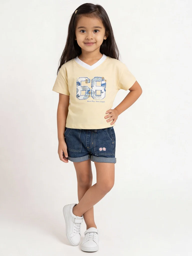 HOP Kids Girls Light Yellow Numerical-Design Cotton T-Shirt