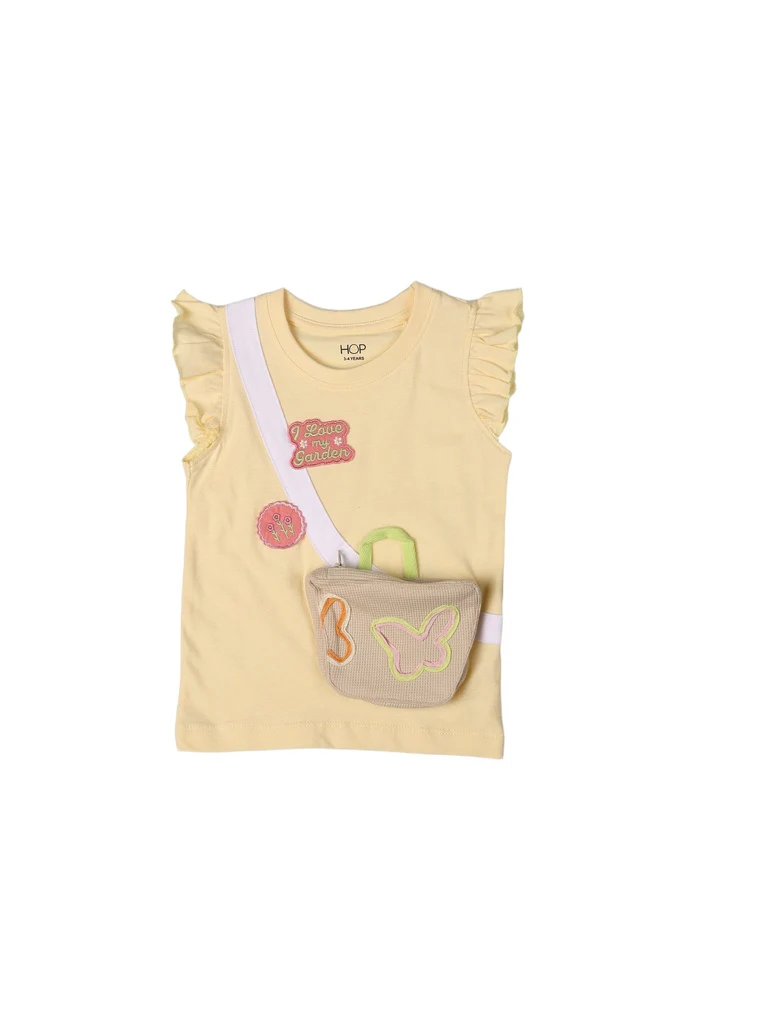 HOP Kids Girls Light Yellow Pouch Design Cotton Top - Image 3