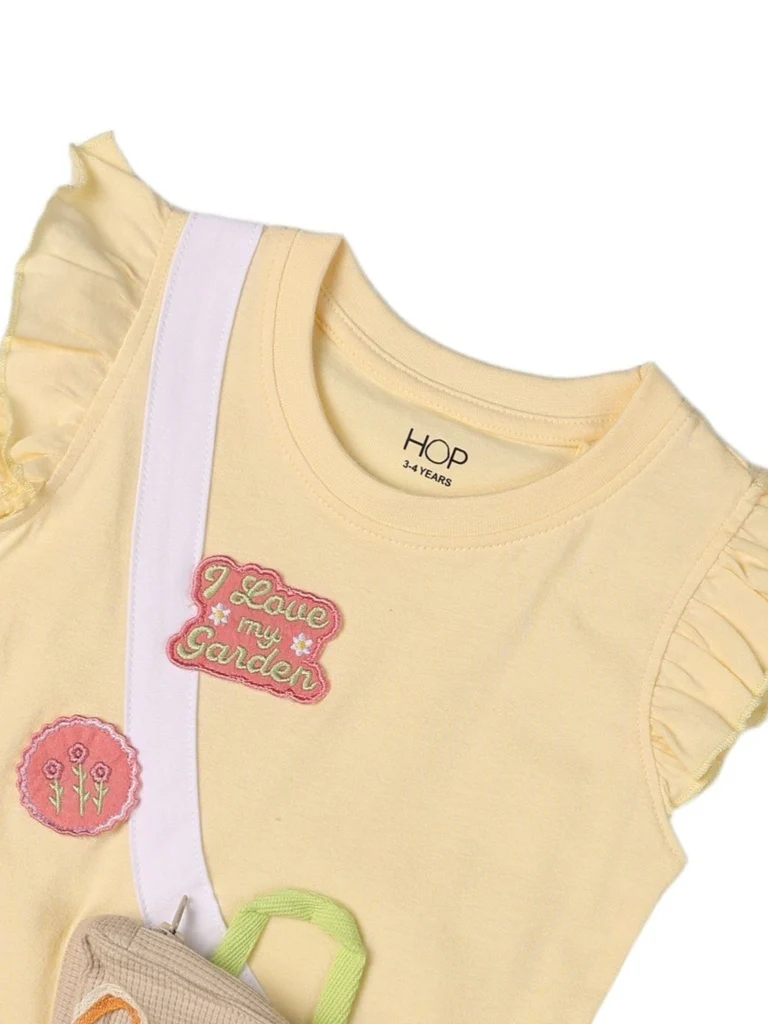 HOP Kids Girls Light Yellow Pouch Design Cotton Top - Image 5