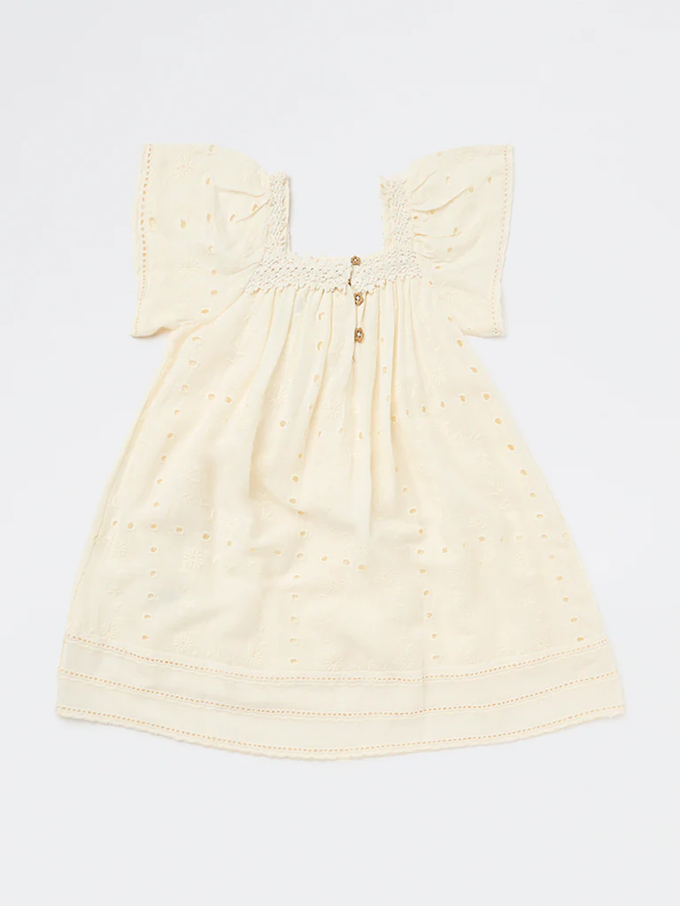 HOP Kids Girls Light Yellow Schiffli Design A-Line Dress - Image 3