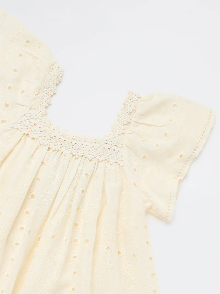 HOP Kids Girls Light Yellow Schiffli Design A-Line Dress - Image 5
