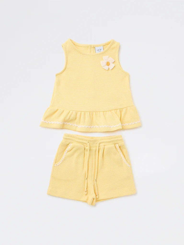HOP Kids Girls Light Yellow Textured Top and Shorts Set - Image 3