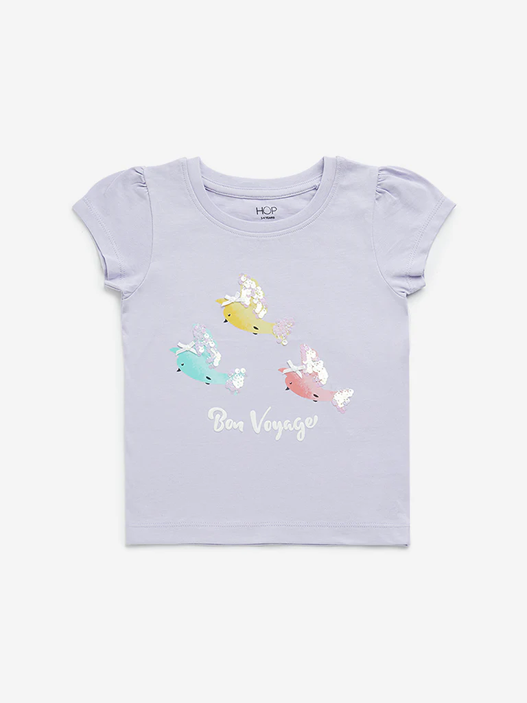 HOP Kids Girls Lilac Embellished Cotton T-Shirt
