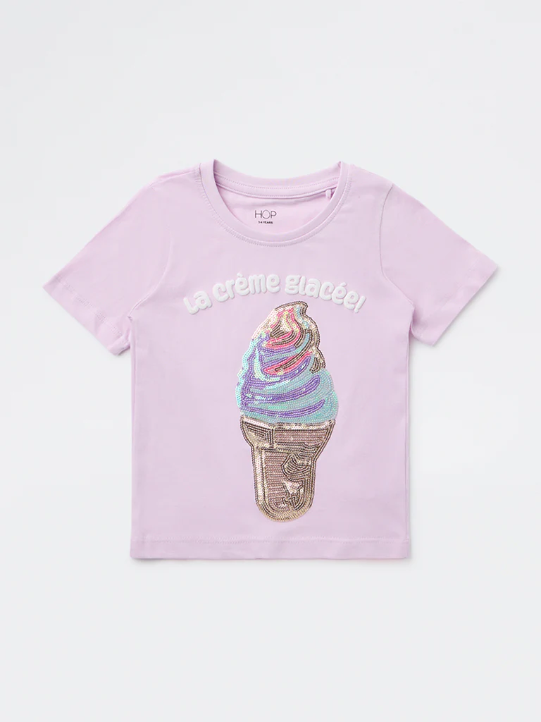 HOP Kids Girls Lilac Embellished Cotton T-Shirt - Image 4