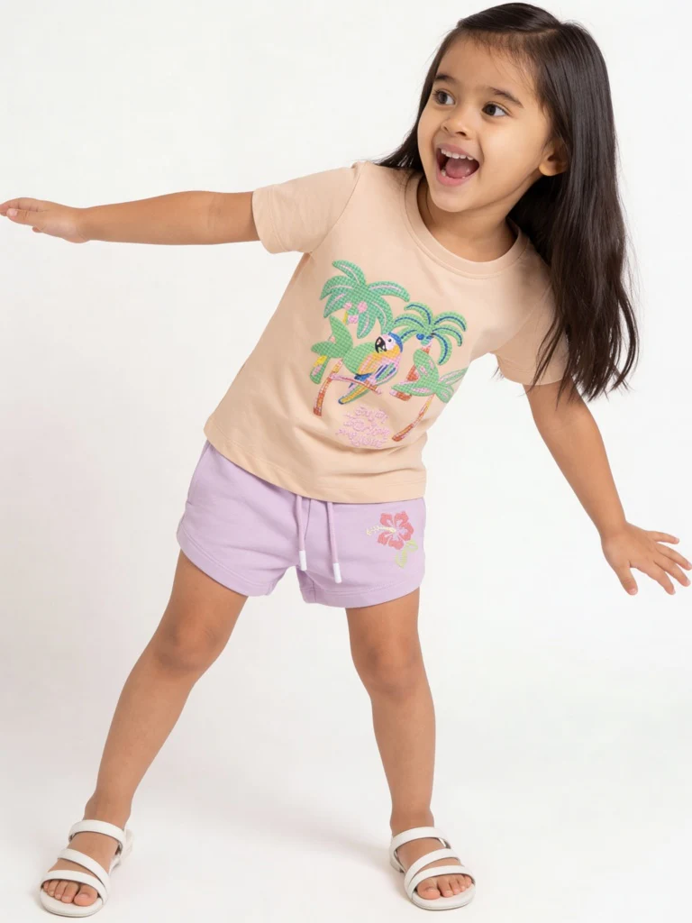 HOP Kids Girls Lilac Floral Design High-Rise Cotton Shorts