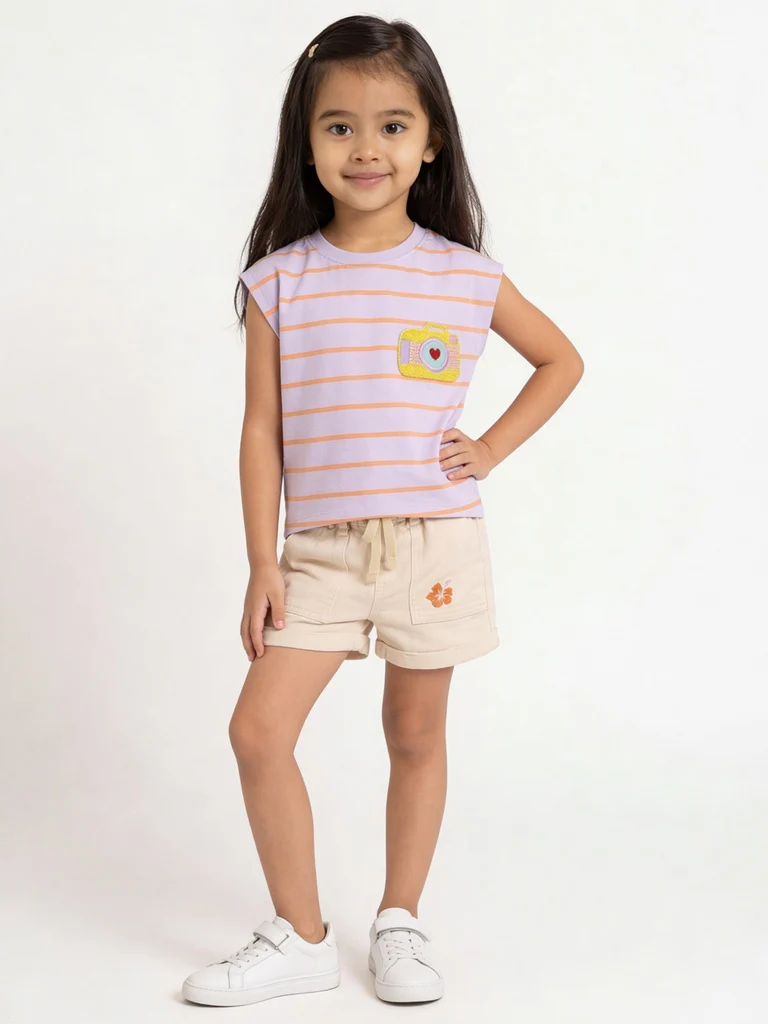 HOP Kids Girls Lilac Striped Cotton T-Shirt