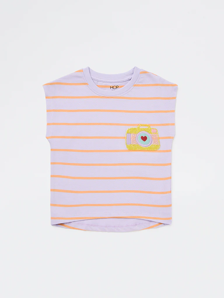 HOP Kids Girls Lilac Striped Cotton T-Shirt - Image 4