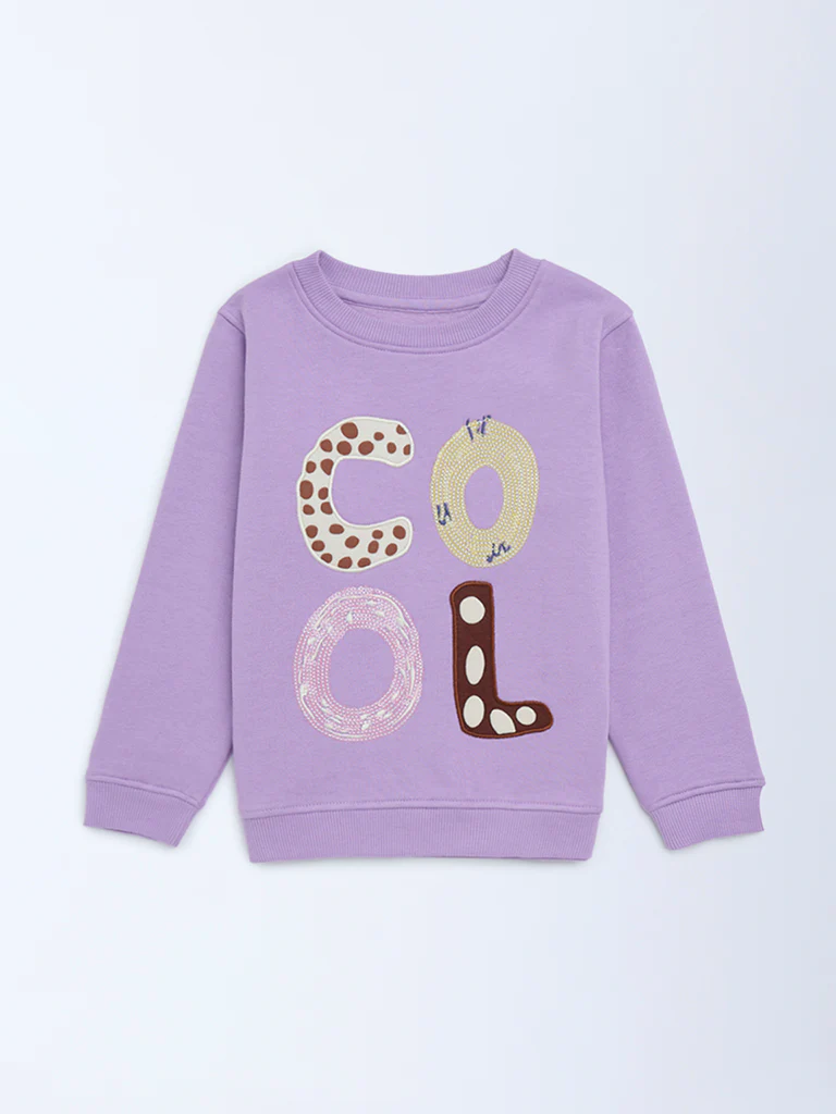 HOP Kids Girls Lilac Text Design Cotton-Blend Sweatshirt - Image 4