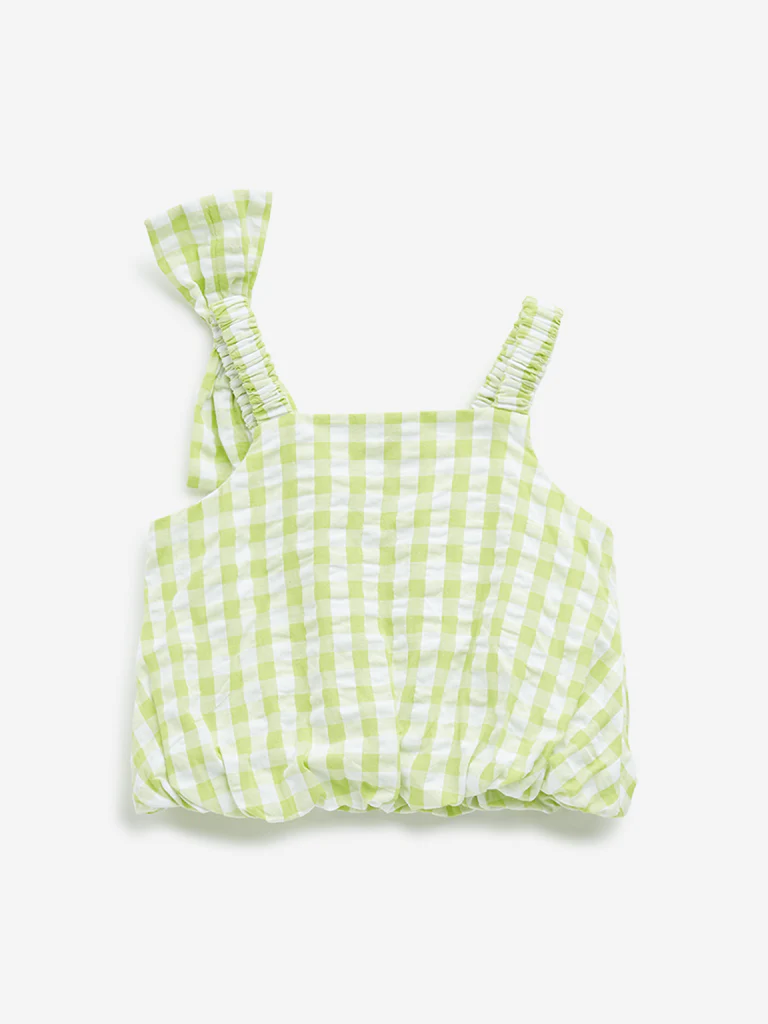 HOP Kids Girls Lime Checkered Design Cotton Crop Top - Image 2