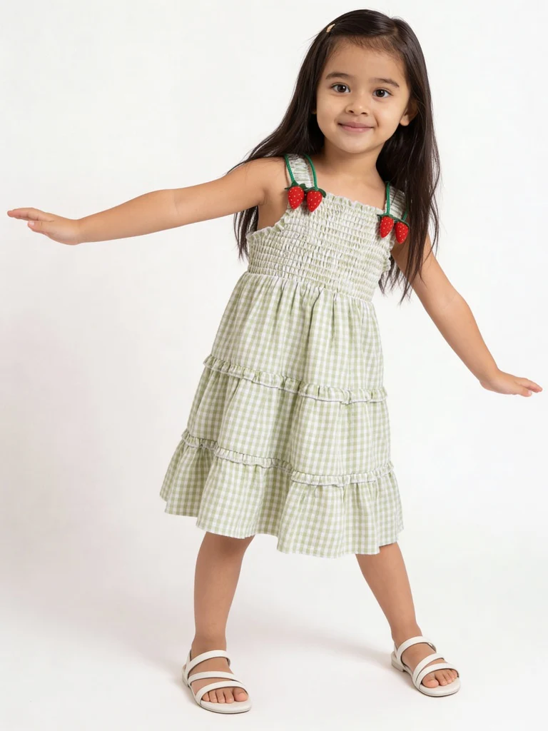 HOP Kids Girls Lime Printed Cotton Tiered Dress