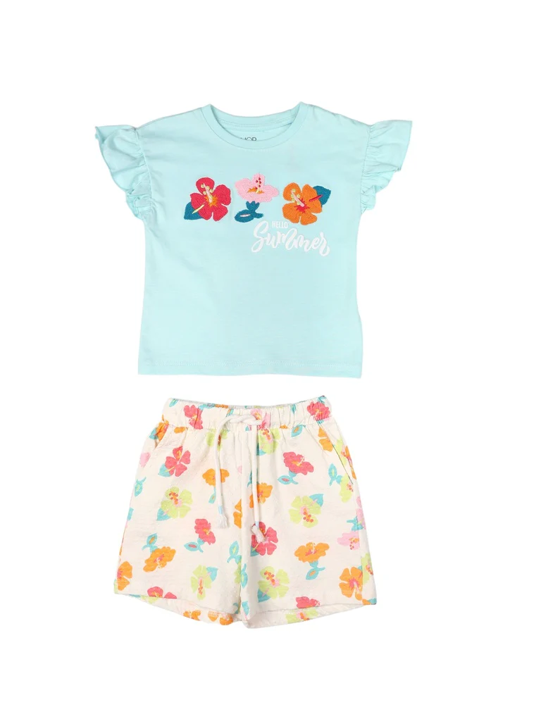 HOP Kids Girls Mint Green Embroidered Cotton Top and Shorts Set - Image 4
