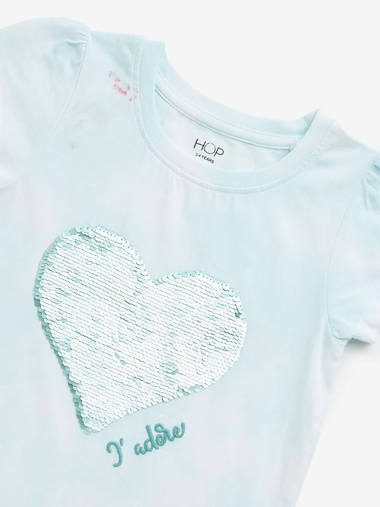 HOP Kids Girls Mint Heart Sequin Design Cotton T-Shirt - Image 4