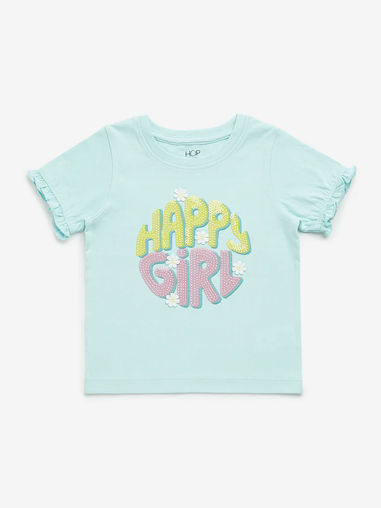 HOP Kids Girls Mint Text Printed Cotton T-Shirt