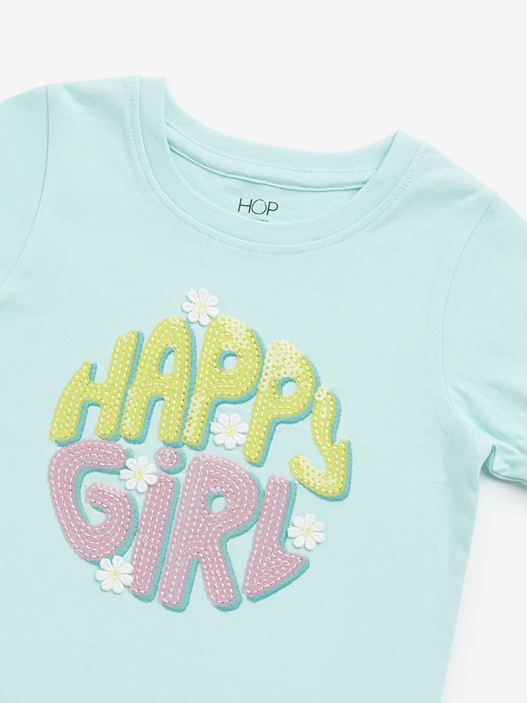 HOP Kids Girls Mint Text Printed Cotton T-Shirt - Image 4